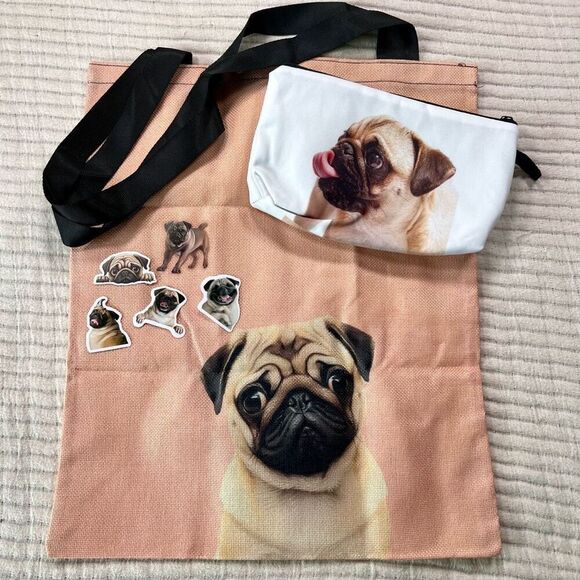 Pug Gift Set, Tote Bag, Make Up Bag  & Stickers Decals‎ Christmas Gift - Picture 1 of 6